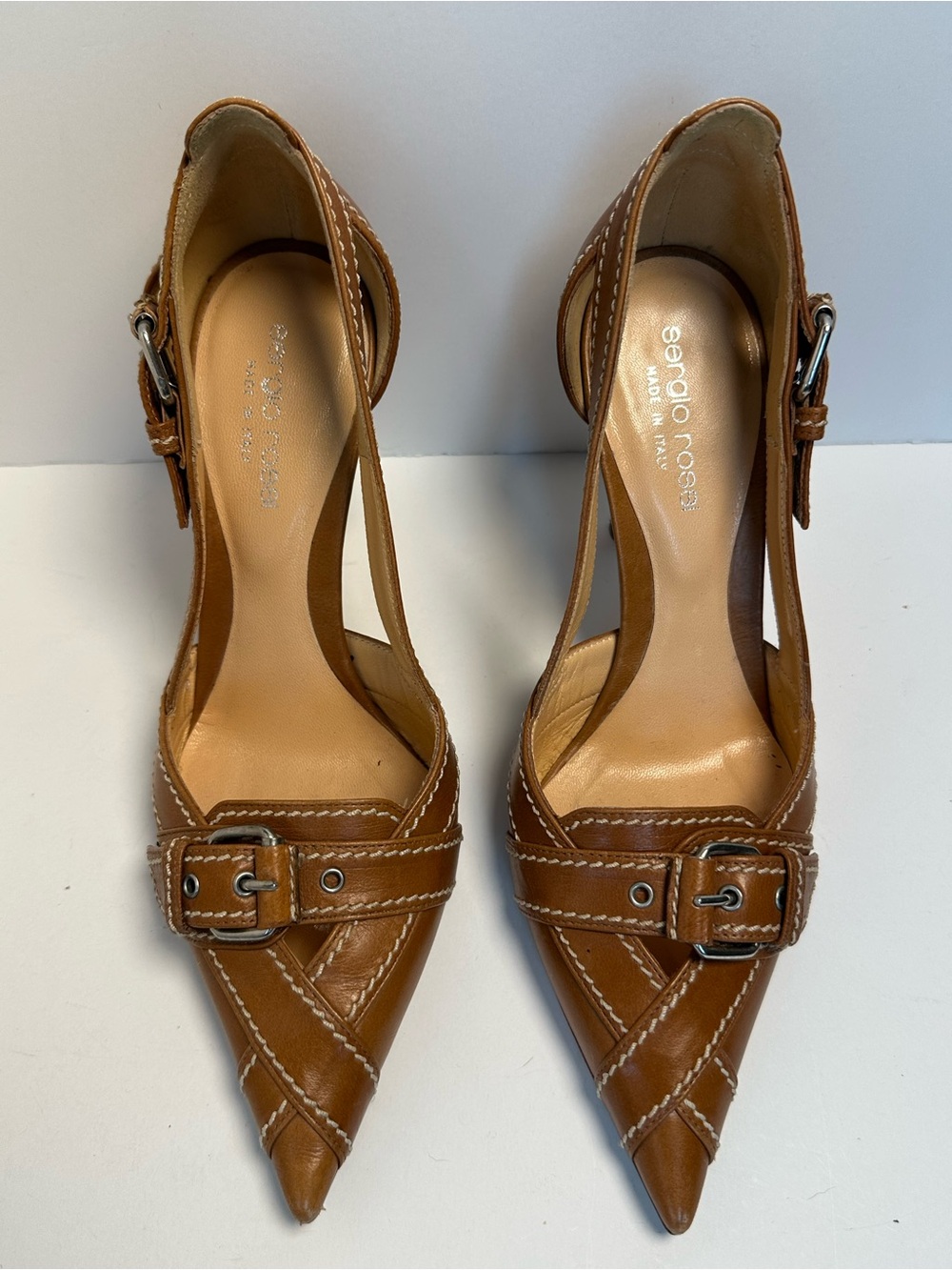 Sergio Rossi Brown Leather Pointed Buckle Pumps